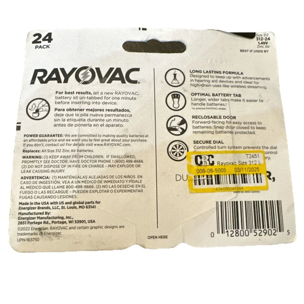 New 24 Batteries Rayovac Size 312 Hearing Aid Zinc Air Batteries Exp. 03/2027